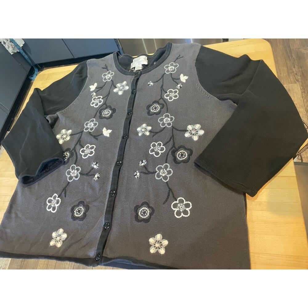 CJ Banks Hand Embroidered Floral Beaded Button Down Cardigan 1X Black Gray White